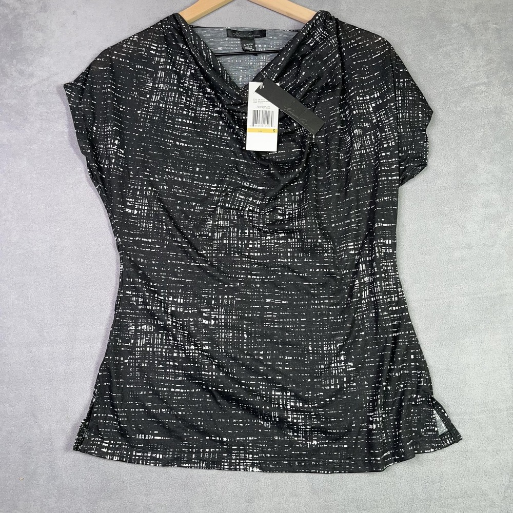 Kenneth Cole New York Cowl Neck Blouse Black Brushed Window Top Womens S NWT